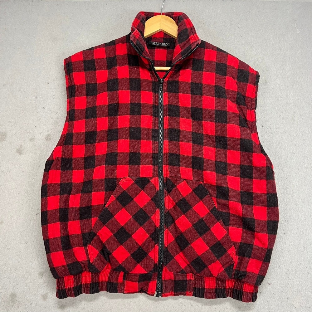 Vintage 90s Mens Buffalo Plaid Vest‎ Red Black Check Full Zip Large Capricorn